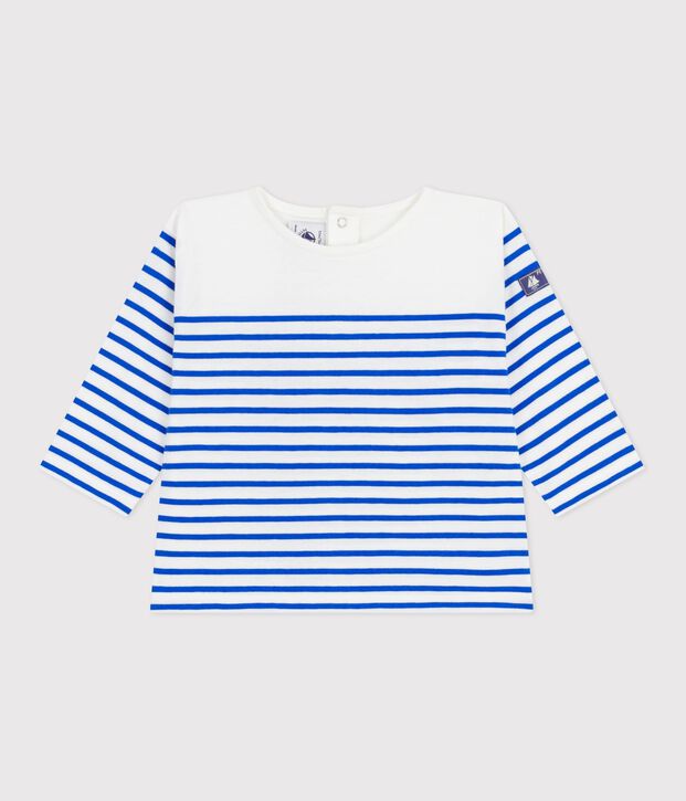 Babies' long sleeved cotton Breton top white/blue