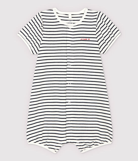 Babies' Organic Cotton Playsuit With Woven "Je t'aime" MARSHMALLOW white/SMOKING blue