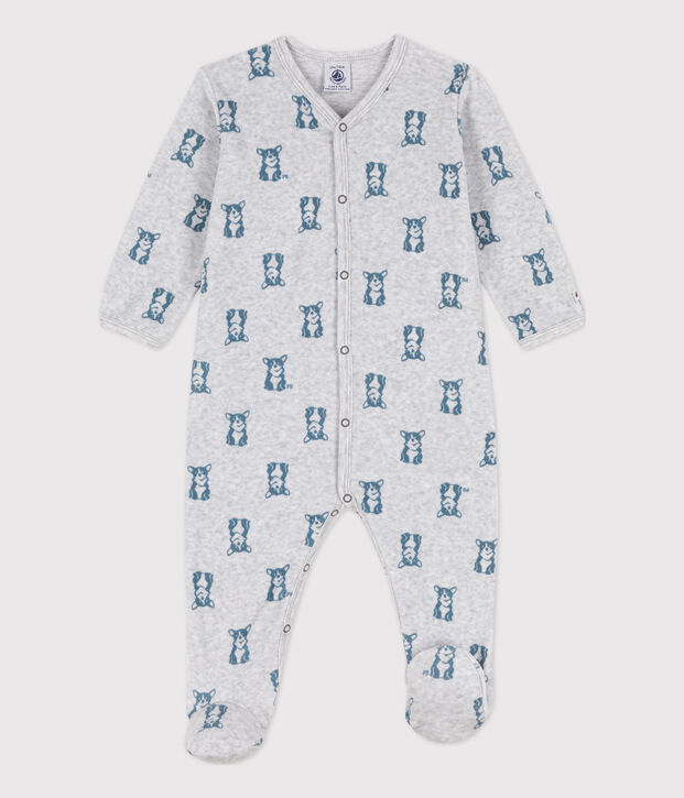Babies' Dog Patterned Velour Sleepsuit grey/blue
