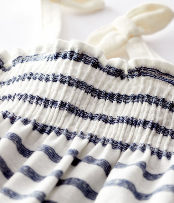 Baby Girls' Stripy Cotton and Linen Playsuit MARSHMALLOW white/MEDIEVAL blue
