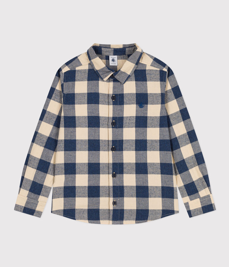 Boys' checked cotton flannel shirt blue/ecru