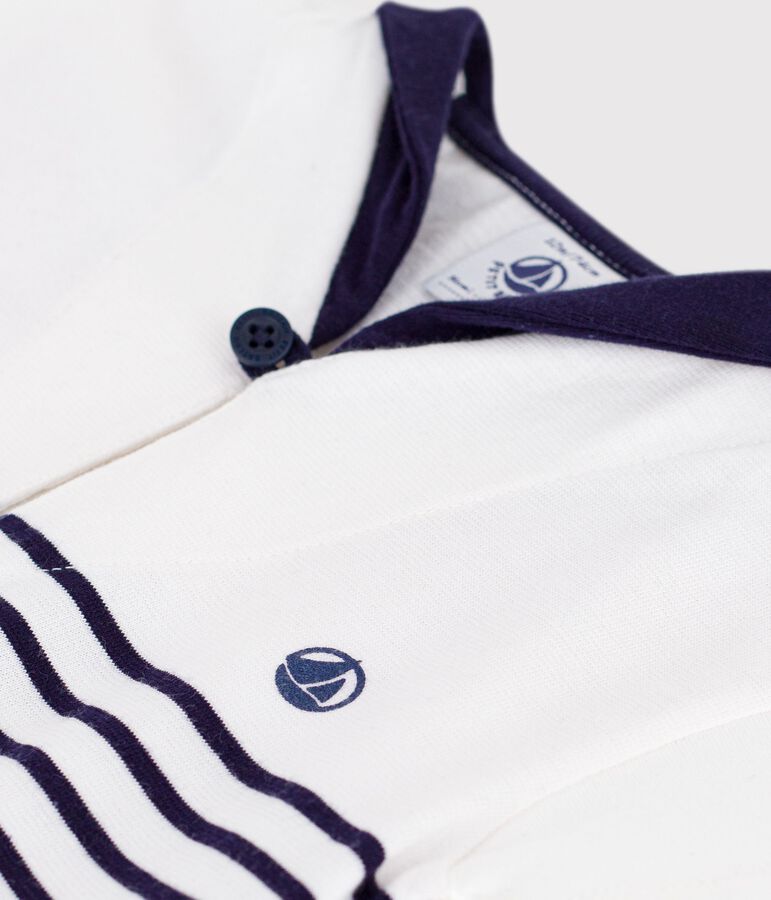 Babies' short sleeved cotton T-shirt with Breton stripes MARSHMALLOW blue/SOIR