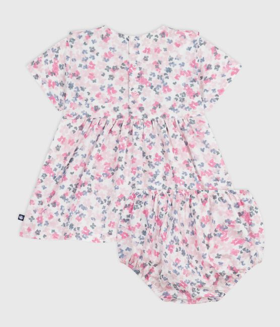Babies' short-sleeved printed cotton dress with matching bloomers MARSHMALLOW white/MULTICO white