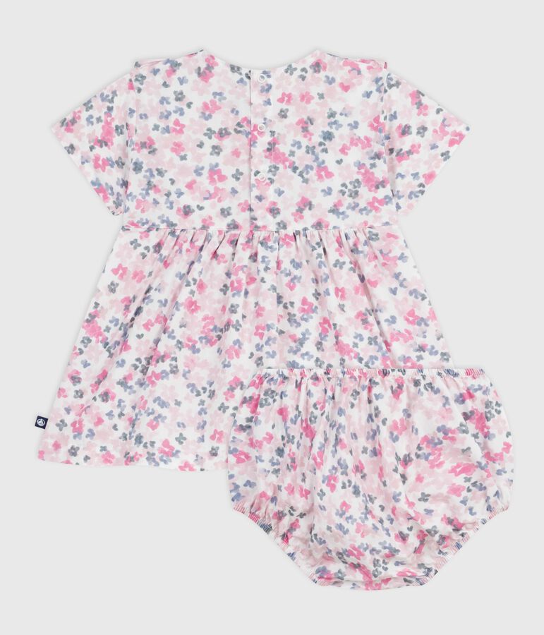 Babies' short-sleeved printed cotton dress with matching bloomers MARSHMALLOW white/MULTICO white