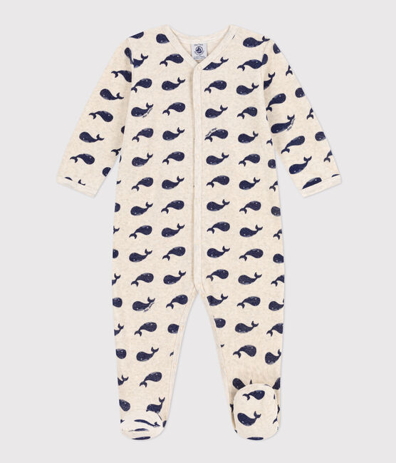 Navy Whale Patterned Velour Sleepsuit MONTELIMAR beige/MEDIEVAL blue