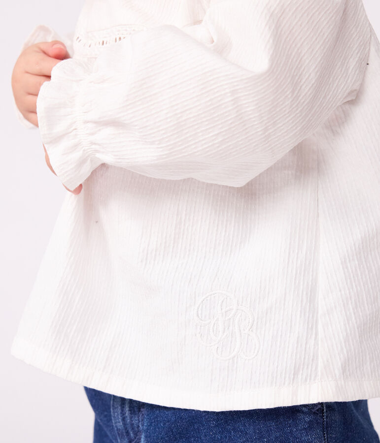 Babies' long-sleeved cotton poplin blouse with a collar and embroidery white