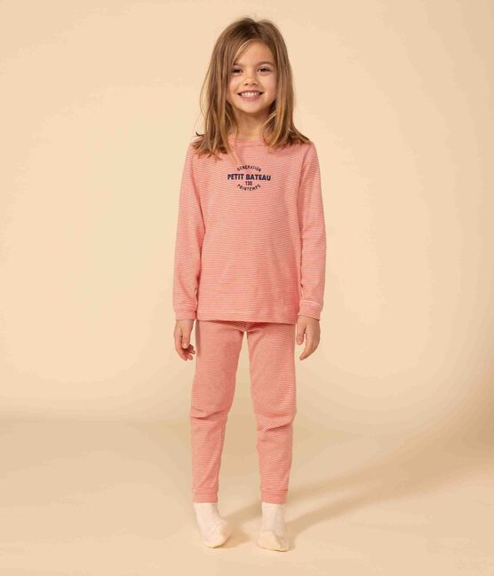 Children's Unisex Striped Cotton Pyjamas OURSIN orange/MARSHMALLOW white
