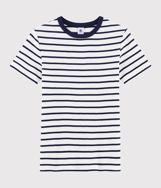 Women's Iconic Round-Neck Striped Cotton T-Shirt MARSHMALLOW white/SMOKING blue