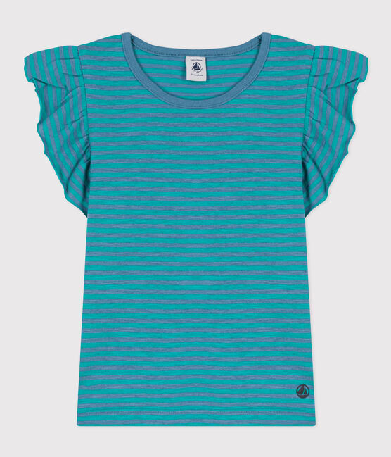 Girls' Striped Cotton T-Shirt LAVIS green/VERDE blue