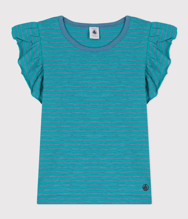 Girls' Striped Cotton T-Shirt blue/green