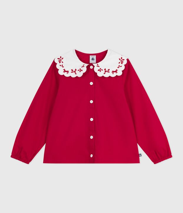 Children's long-sleeved printed cotton poplin blouse. red
