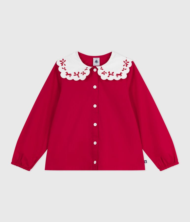Children's long-sleeved printed cotton poplin blouse. red