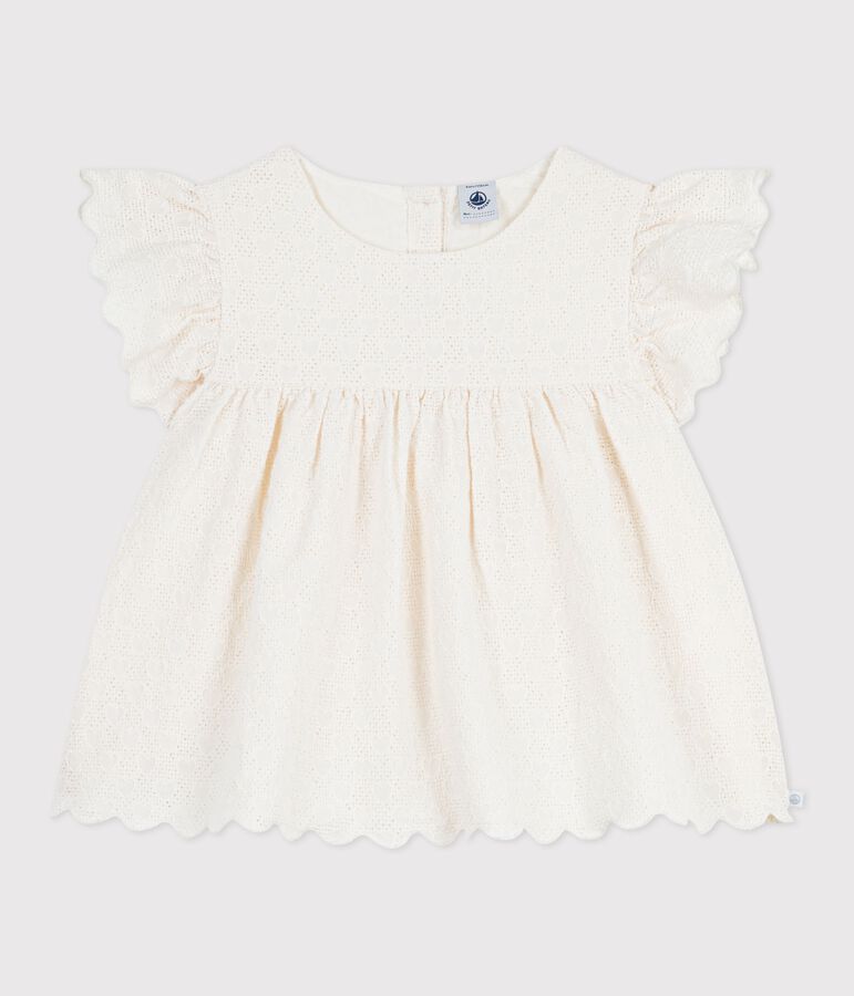 Children's short-sleeved cotton blouse with a heart pattern MARSHMALLOW white
