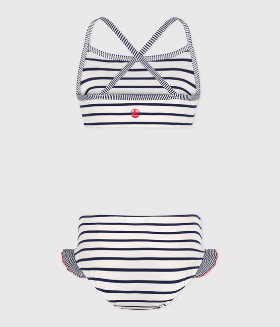 Children's two-piece stripy swimsuit MARSHMALLOW white/MEDIEVAL blue