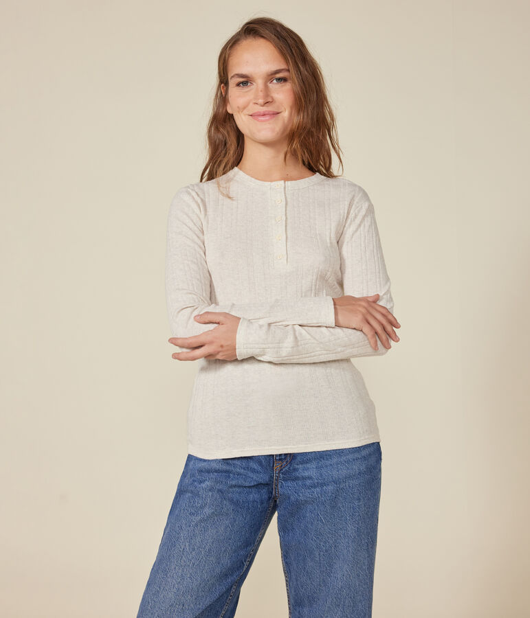 Women's plain drop needle rib knit t-shirt with long sleeves and a grandad neckline beige