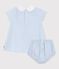 Babies' short cotton dress with its own stripy bloomers MARSHMALLOW blue/FLO