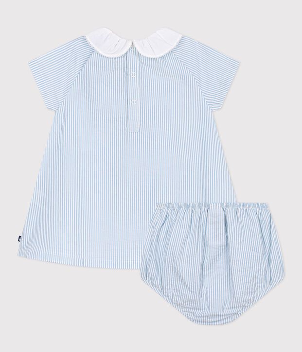 Babies' short cotton dress with its own stripy bloomers blue/blue