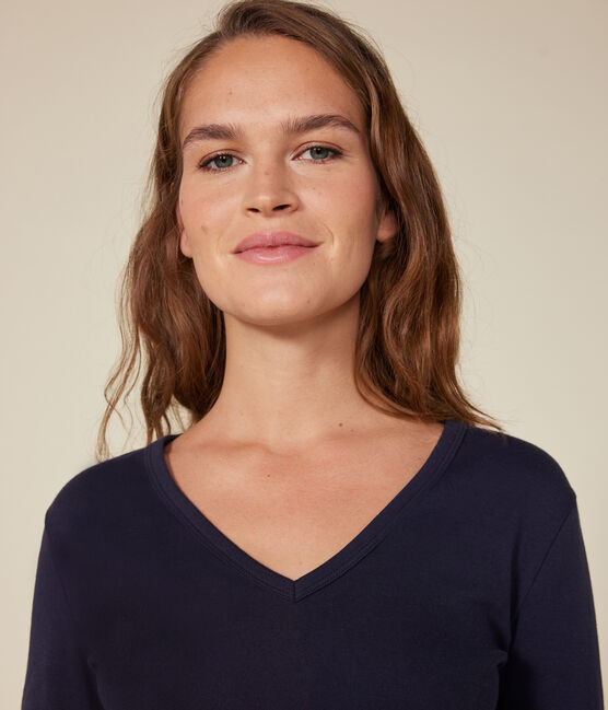 Women's plain long-sleeved iconic rib knit T-shirt SMOKING blue