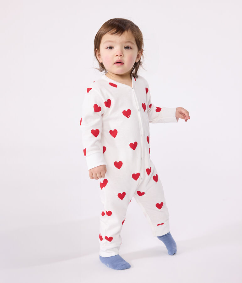 Babies' heart patterned footless cotton sleepsuit MARSHMALLOW white/TERKUIT red