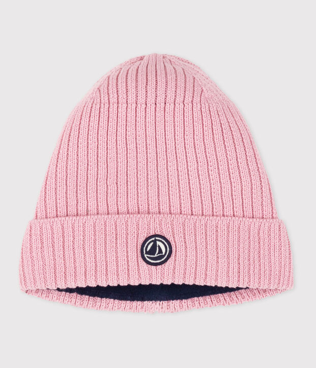 Children's knitted beanie hat lined in polar fleece pink