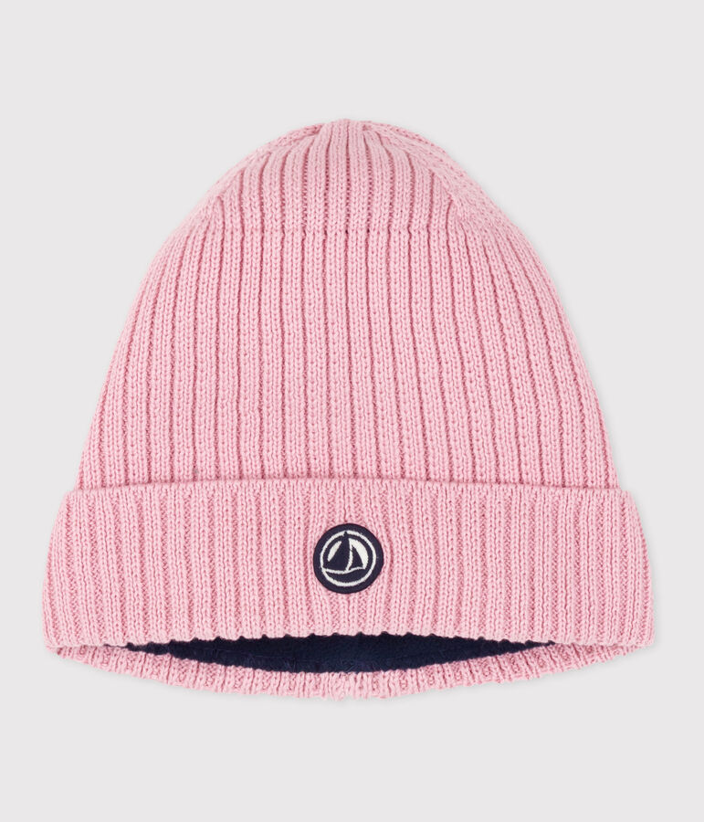 Children's knitted beanie hat lined in polar fleece pink