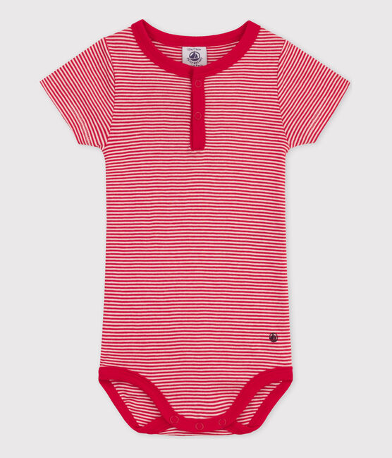 Babies' Short-Sleeved Pinstriped Cotton Bodysuit CORRIDA red/MARSHMALLOW white