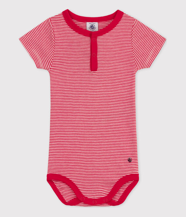 Babies' Short-Sleeved Pinstriped Cotton Bodysuit red/white