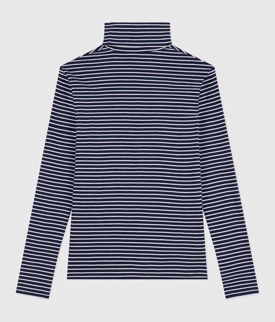 The Iconic cotton polo neck top for women SMOKING blue/MARSHMALLOW white