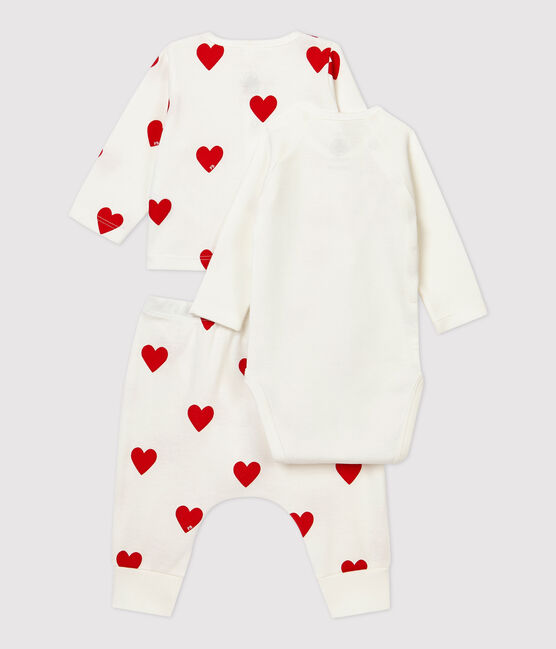 Babies' Red Heart Patterned Organic Cotton Clothing - 3-Pack MARSHMALLOW white/TERKUIT red