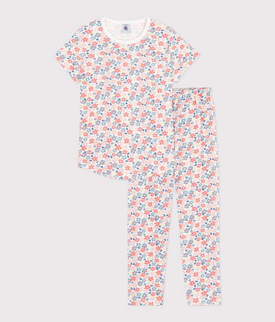 Children's printed cotton pyjamas with short sleeves and long legs MARSHMALLOW white/MULTICO white