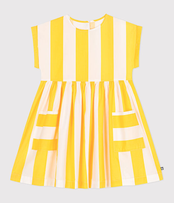 Children's short-sleeved stripy cotton dress MARSHMALLOW white/ORGE