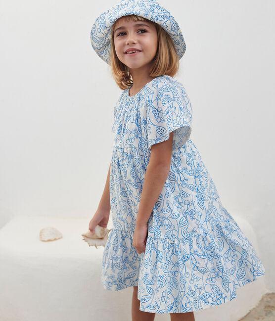 Children's dress in printed cotton with short sleeves MARSHMALLOW blue/PORCELANA