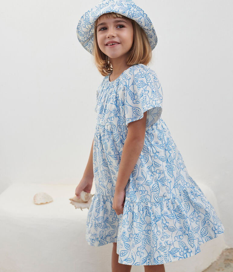 Children's dress in printed cotton with short sleeves white/blue