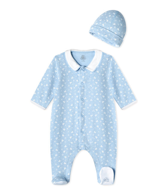 Baby's sleepsuit and its newborn hat TOUDOU blue/ECUME white