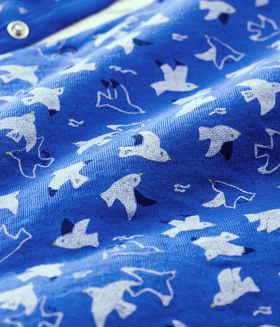 Babies' Long Bird Patterned Jumpsuit in Quilted Organic Cotton Tube Knit COOL blue/MULTICO ecru