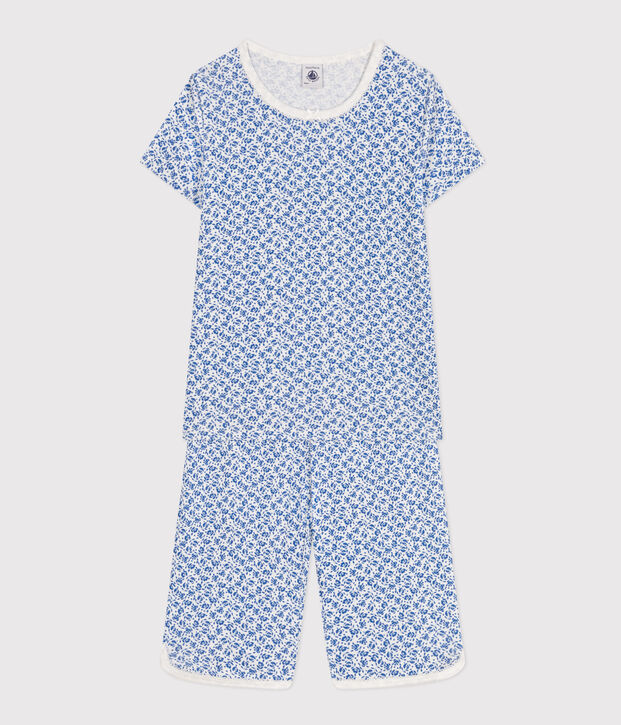 Children's Floral Print Cotton Capri Pyjamas white/blue