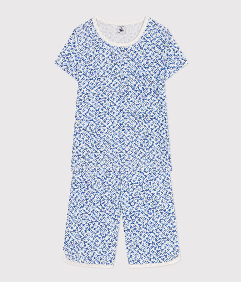 Children's Floral Print Cotton Capri Pyjamas white/blue