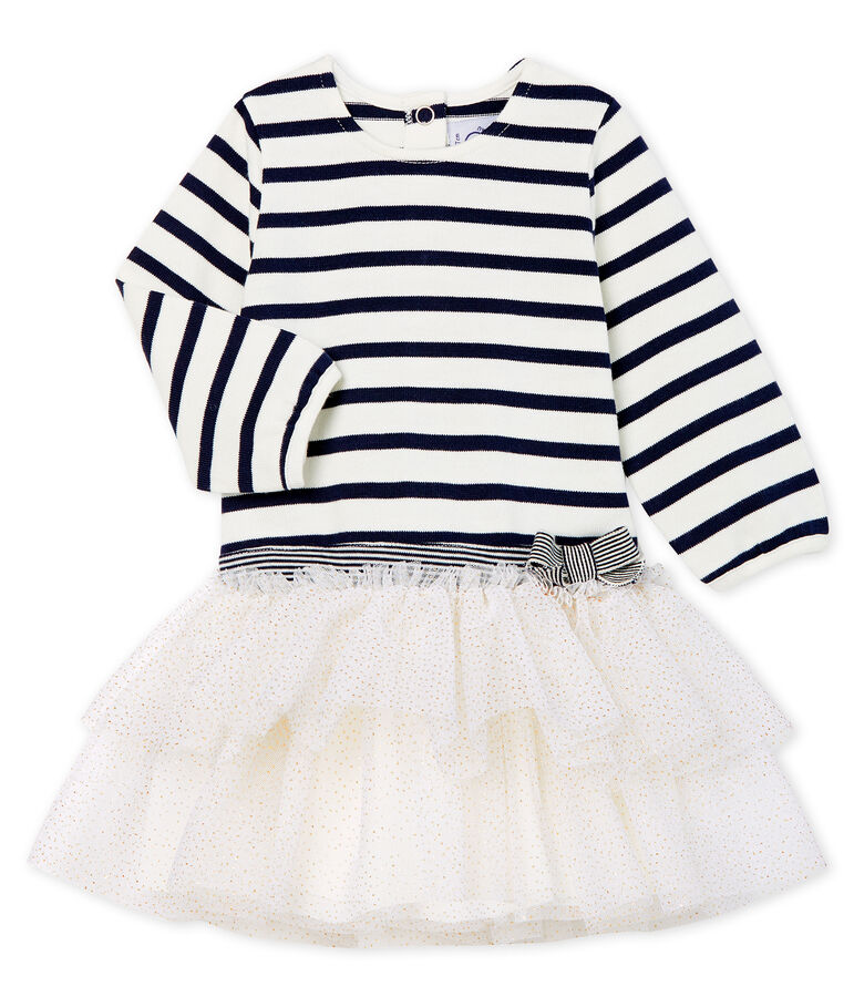 Baby Girls' Long-Sleeved Striped Dress MARSHMALLOW white/SMOKING blue