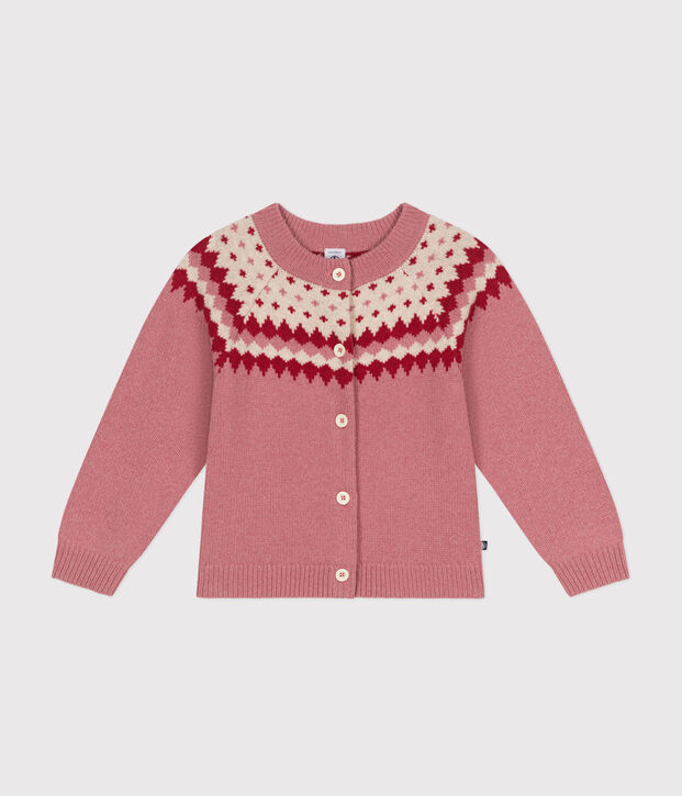 Girls' cotton and wool jacquard cardigan pink/ecru