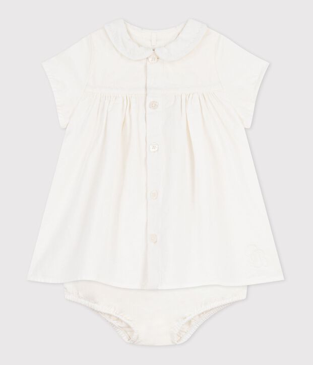 Cotton/linen baby dress with  matching bloomers, with embroidered detail white