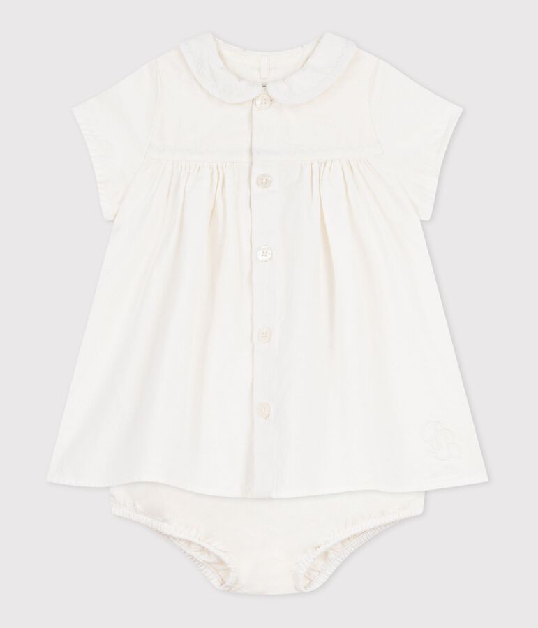 Cotton/linen baby dress with  matching bloomers, with embroidered detail MARSHMALLOW white