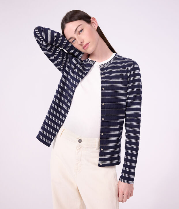 Women's stripy cotton cardigan blue/white