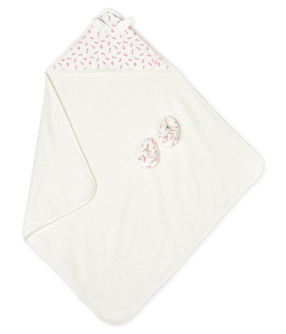 Babies' Square Bath Towel and Bootees Set in Terry and Rib Knit MARSHMALLOW white/GROSEILLER pink