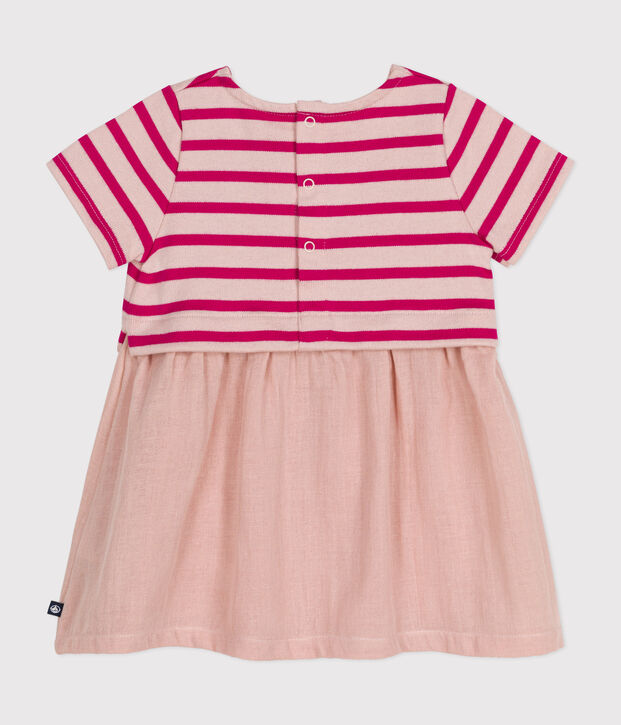 Babies' Short-Sleeved Thick Jersey and Cotton Gauze Dress pink/pink