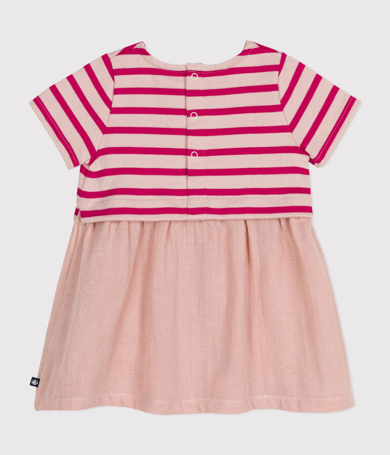 Babies' Short-Sleeved Thick Jersey and Cotton Gauze Dress pink/pink