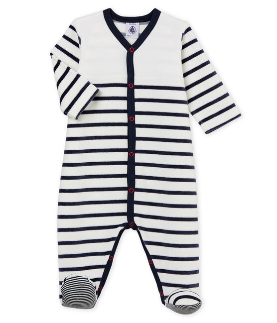 Babies' Unisex Velour Sleepsuit MARSHMALLOW white/SMOKING blue