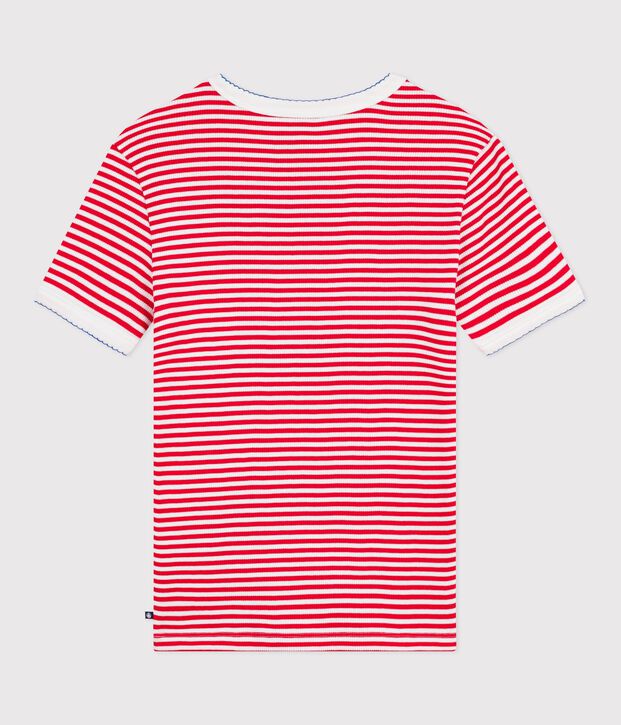 Women's short-sleeved stripy cotton T-shirt red/white