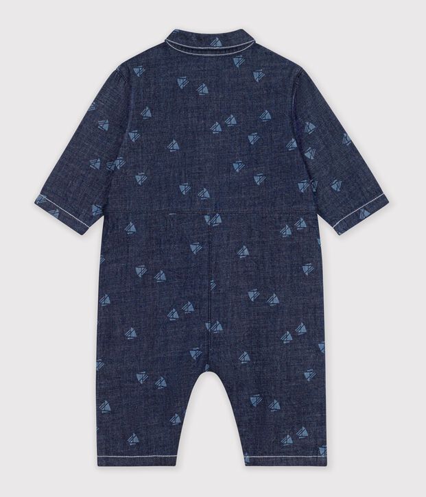 Babies' long jumpsuit in denim with a boat print blue/ecru