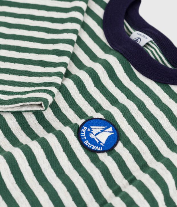 Children's long-sleeved stripy cotton T-shirt green/beige/green