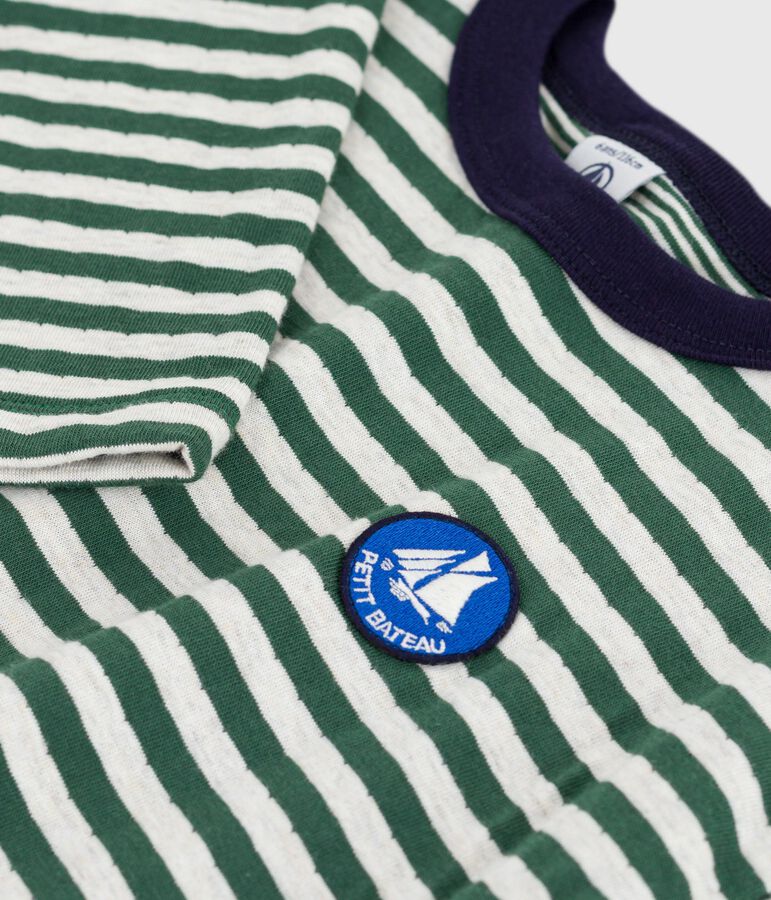 Children's long-sleeved stripy cotton T-shirt green/beige/green